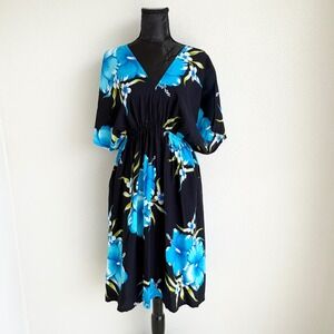 Aloha Fashion Hawaiian Dress Floral Hibiscus‎ Rayon, Womens OS Black Blue